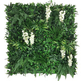 Artificial green wall panel with variegated foliage and cream trailing wisteria 100x100 cm