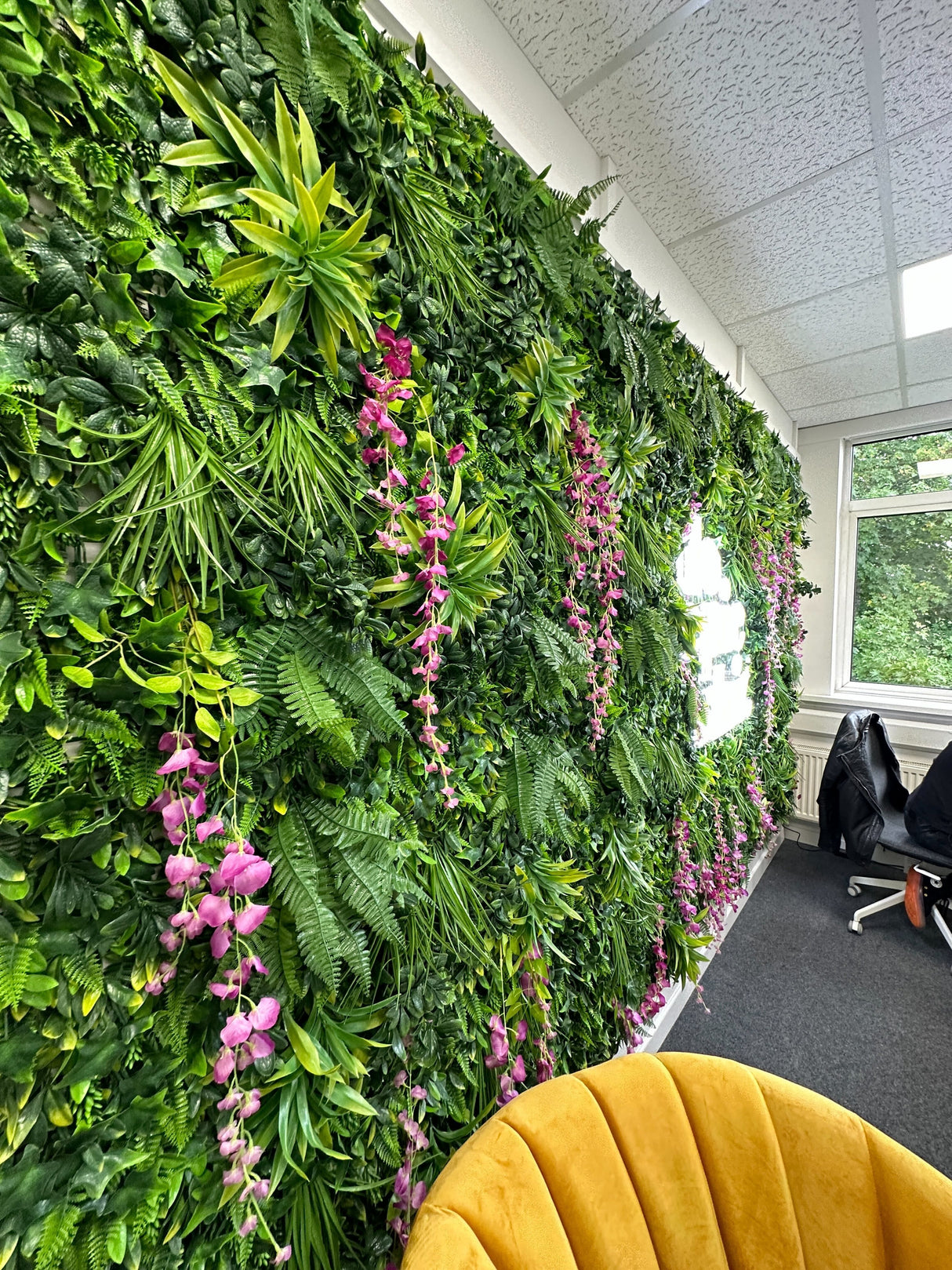 Artificial green wall panel with variegated foliage and purple trailing bacopa 100x100 cm